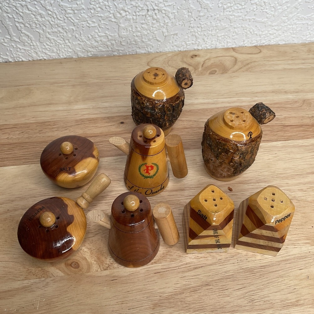 Vintage Salt pepper shakers Wooden Lot Of 8 Collectible Wood Set Of 8